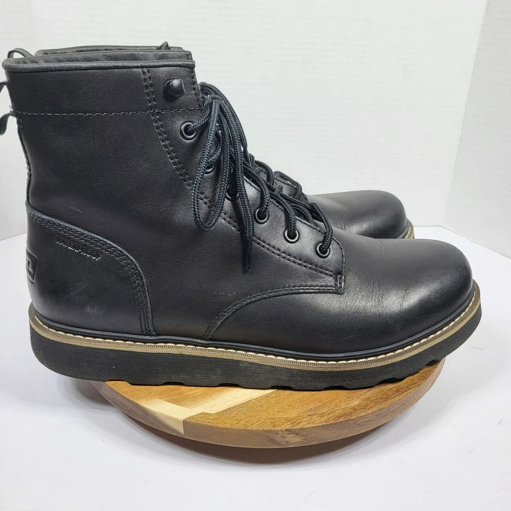 SOREL Mens Slabtown 62 Waterproof Black Full Grain Leather Plain Toe Boots Sz 12